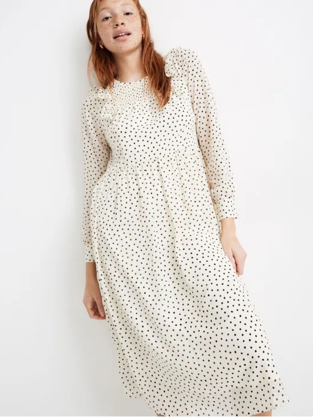 Madewell Smocked Ruffle Shoulder Midi Dress Dots Inkbrush Women's M